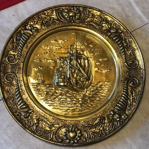 Vintage gold color 14” tin wall hanging ship plate